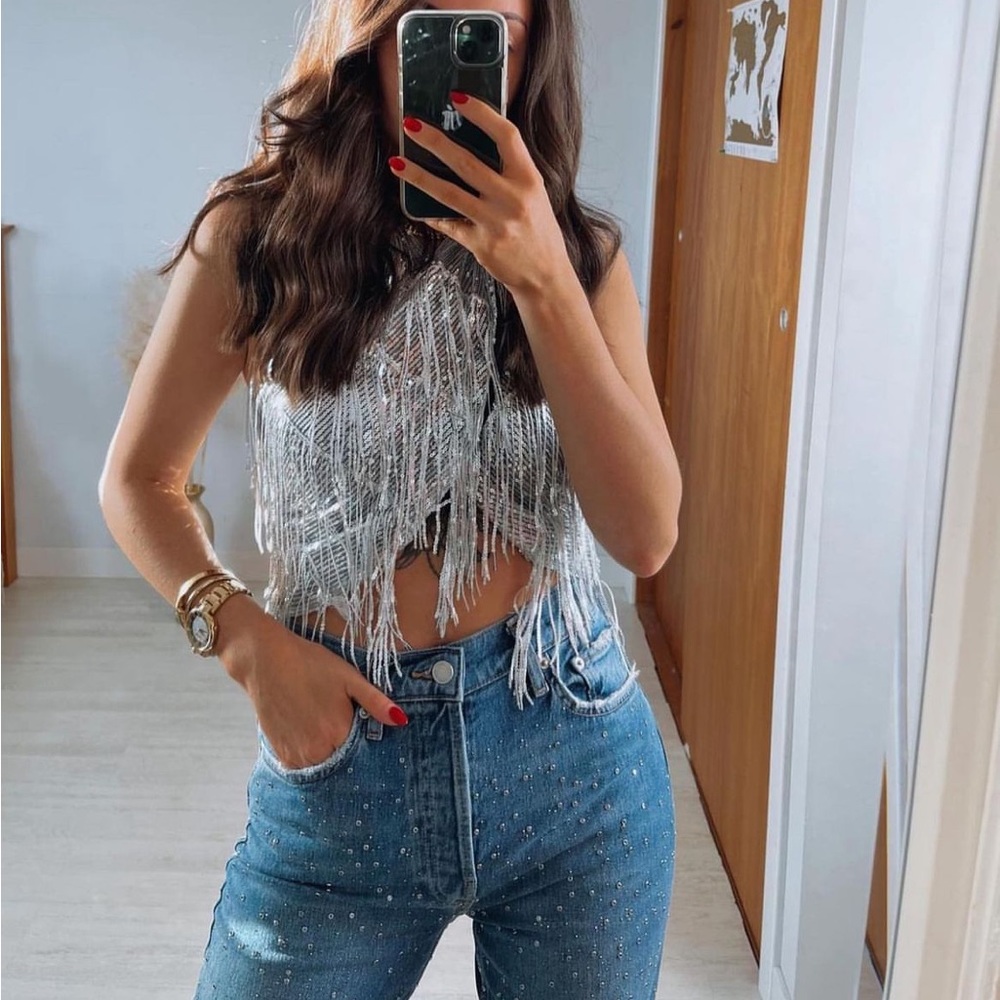 Zara Silver Sequin Fringe Halter Crop Top - Picture 3 of 12
